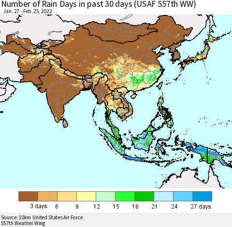 Asia Number of Rain Days in past 30 days (USAF 557th WW) 02/25/2022 Thematic Map For 2/21/2022 - 2/25/2022