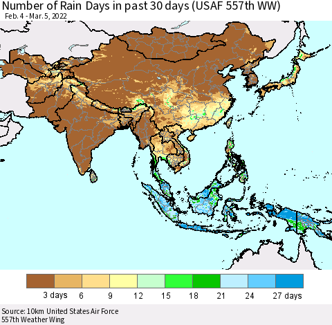 Asia Number of Rain Days in past 30 days (USAF 557th WW) 03/05/2022 Thematic Map For 3/1/2022 - 3/5/2022