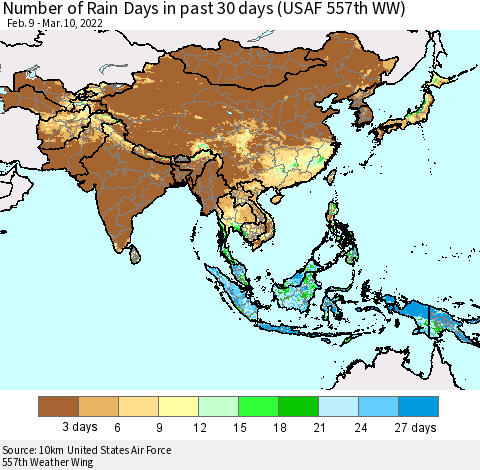 Asia Number of Rain Days in past 30 days (USAF 557th WW) 03/10/2022 Thematic Map For 3/6/2022 - 3/10/2022