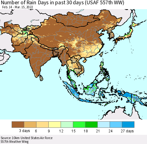 Asia Number of Rain Days in past 30 days (USAF 557th WW) 03/15/2022 Thematic Map For 3/11/2022 - 3/15/2022