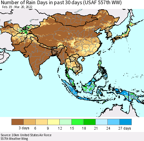 Asia Number of Rain Days in past 30 days (USAF 557th WW) 03/20/2022 Thematic Map For 3/16/2022 - 3/20/2022