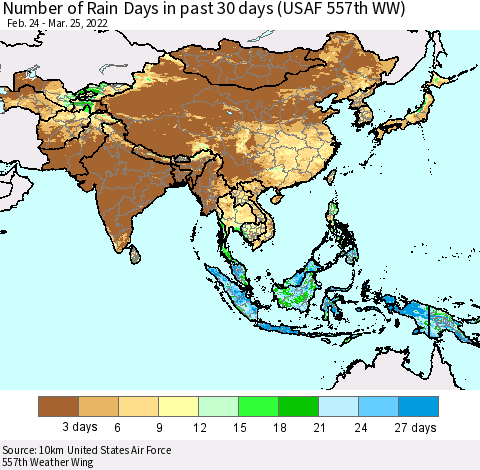 Asia Number of Rain Days in past 30 days (USAF 557th WW) 03/25/2022 Thematic Map For 3/21/2022 - 3/25/2022