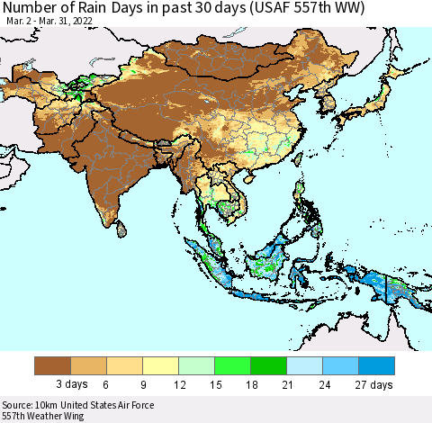 Asia Number of Rain Days in past 30 days (USAF 557th WW) 03/31/2022 Thematic Map For 3/26/2022 - 3/31/2022