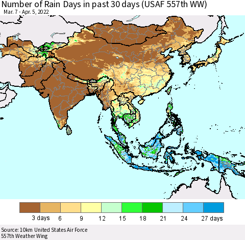 Asia Number of Rain Days in past 30 days (USAF 557th WW) 04/05/2022 Thematic Map For 4/1/2022 - 4/5/2022