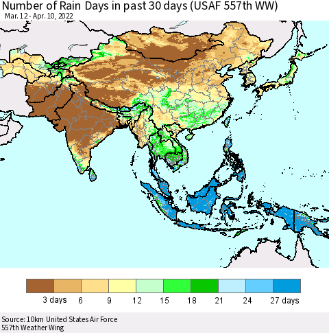Asia Number of Rain Days in past 30 days (USAF 557th WW) 04/10/2022 Thematic Map For 4/6/2022 - 4/10/2022