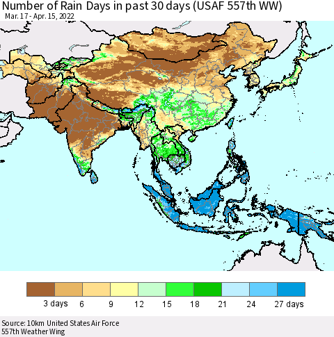 Asia Number of Rain Days in past 30 days (USAF 557th WW) 04/15/2022 Thematic Map For 4/11/2022 - 4/15/2022