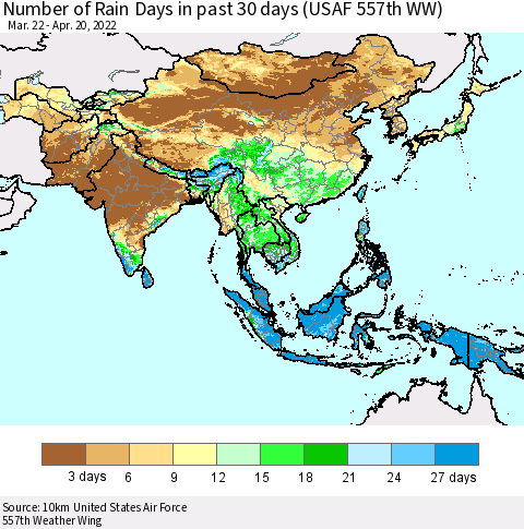 Asia Number of Rain Days in past 30 days (USAF 557th WW) 04/20/2022 Thematic Map For 4/16/2022 - 4/20/2022