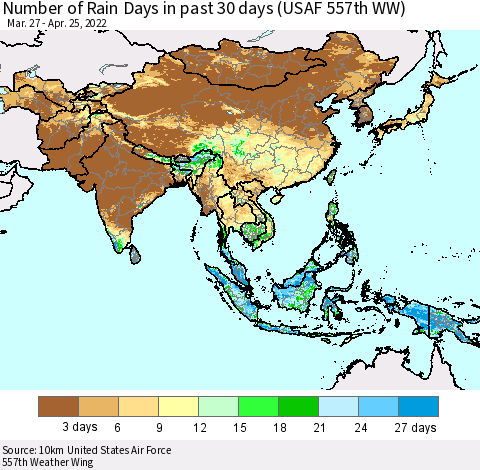 Asia Number of Rain Days in past 30 days (USAF 557th WW) 04/25/2022 Thematic Map For 4/21/2022 - 4/25/2022