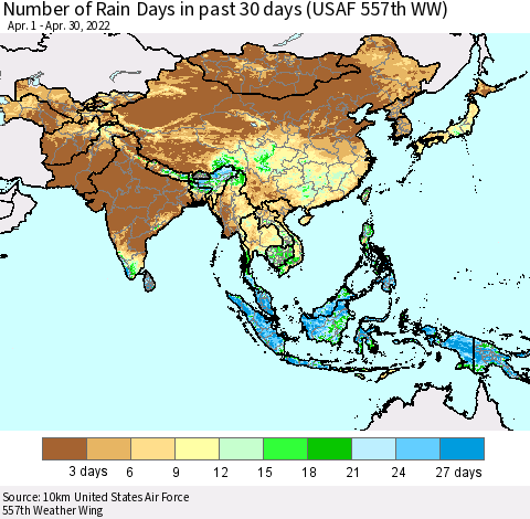 Asia Number of Rain Days in past 30 days (USAF 557th WW) 04/30/2022 Thematic Map For 4/26/2022 - 4/30/2022
