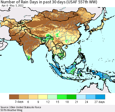 Asia Number of Rain Days in past 30 days (USAF 557th WW) 05/05/2022 Thematic Map For 5/1/2022 - 5/5/2022