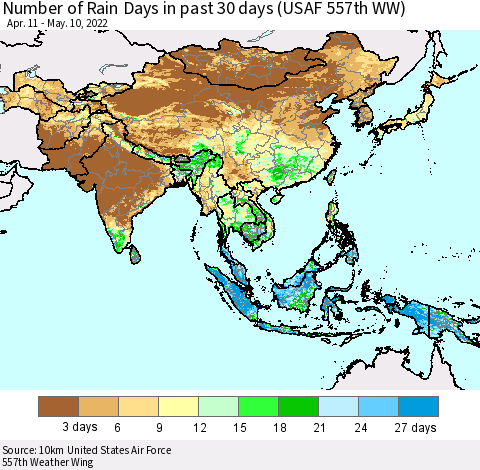 Asia Number of Rain Days in past 30 days (USAF 557th WW) 05/10/2022 Thematic Map For 5/6/2022 - 5/10/2022