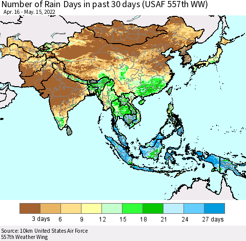 Asia Number of Rain Days in past 30 days (USAF 557th WW) 05/15/2022 Thematic Map For 5/11/2022 - 5/15/2022