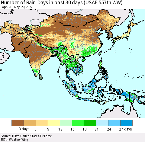Asia Number of Rain Days in past 30 days (USAF 557th WW) 05/20/2022 Thematic Map For 5/16/2022 - 5/20/2022