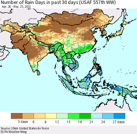 Asia Number of Rain Days in past 30 days (USAF 557th WW) 05/25/2022 Thematic Map For 5/21/2022 - 5/25/2022