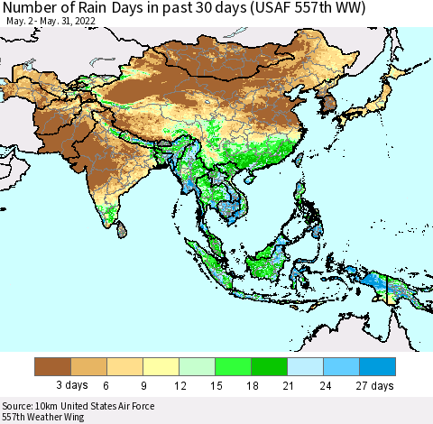 Asia Number of Rain Days in past 30 days (USAF 557th WW) 05/31/2022 Thematic Map For 5/26/2022 - 5/31/2022