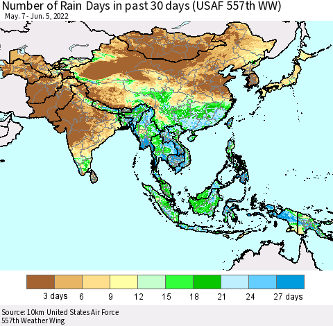 Asia Number of Rain Days in past 30 days (USAF 557th WW) 06/05/2022 Thematic Map For 6/1/2022 - 6/5/2022