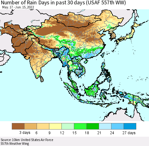 Asia Number of Rain Days in past 30 days (USAF 557th WW) 06/15/2022 Thematic Map For 6/11/2022 - 6/15/2022
