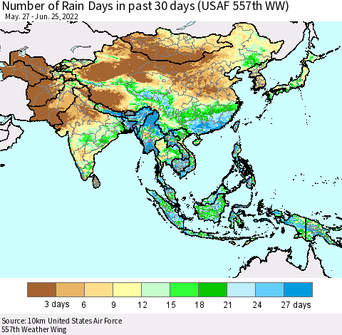Asia Number of Rain Days in past 30 days (USAF 557th WW) 06/25/2022 Thematic Map For 6/21/2022 - 6/25/2022