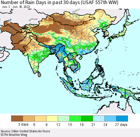 Asia Number of Rain Days in past 30 days (USAF 557th WW) 06/30/2022 Thematic Map For 6/26/2022 - 6/30/2022