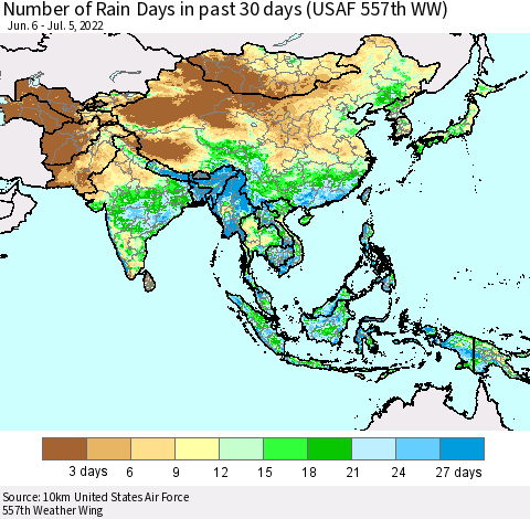 Asia Number of Rain Days in past 30 days (USAF 557th WW) 07/05/2022 Thematic Map For 7/1/2022 - 7/5/2022
