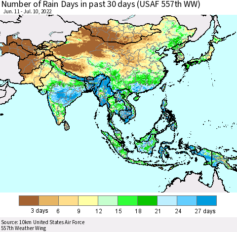 Asia Number of Rain Days in past 30 days (USAF 557th WW) 07/10/2022 Thematic Map For 7/6/2022 - 7/10/2022