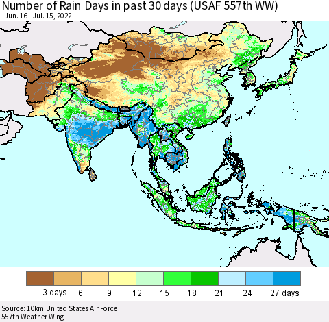 Asia Number of Rain Days in past 30 days (USAF 557th WW) 07/15/2022 Thematic Map For 7/11/2022 - 7/15/2022