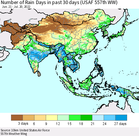 Asia Number of Rain Days in past 30 days (USAF 557th WW) 07/20/2022 Thematic Map For 7/16/2022 - 7/20/2022