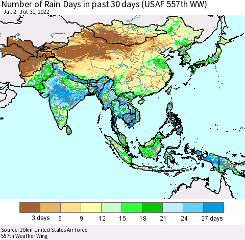 Asia Number of Rain Days in past 30 days (USAF 557th WW) 07/31/2022 Thematic Map For 7/26/2022 - 7/31/2022