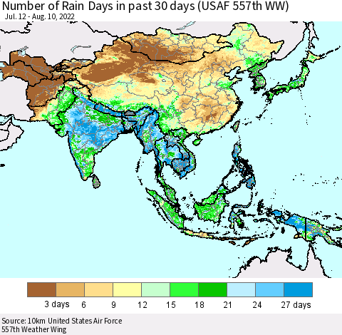 Asia Number of Rain Days in past 30 days (USAF 557th WW) 08/10/2022 Thematic Map For 8/6/2022 - 8/10/2022