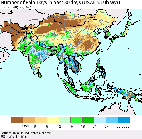 Asia Number of Rain Days in past 30 days (USAF 557th WW) 08/25/2022 Thematic Map For 8/21/2022 - 8/25/2022