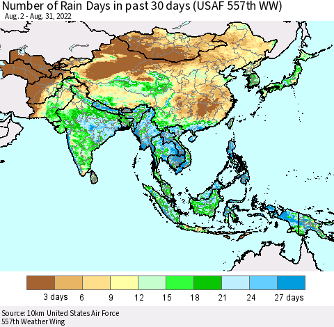 Asia Number of Rain Days in past 30 days (USAF 557th WW) 08/31/2022 Thematic Map For 8/26/2022 - 8/31/2022