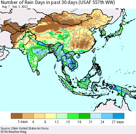Asia Number of Rain Days in past 30 days (USAF 557th WW) 09/05/2022 Thematic Map For 9/1/2022 - 9/5/2022