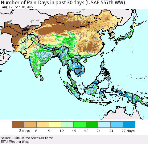 Asia Number of Rain Days in past 30 days (USAF 557th WW) 09/10/2022 Thematic Map For 9/6/2022 - 9/10/2022