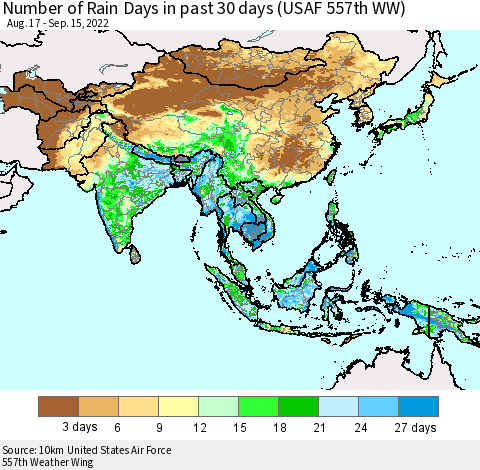 Asia Number of Rain Days in past 30 days (USAF 557th WW) 09/15/2022 Thematic Map For 9/11/2022 - 9/15/2022