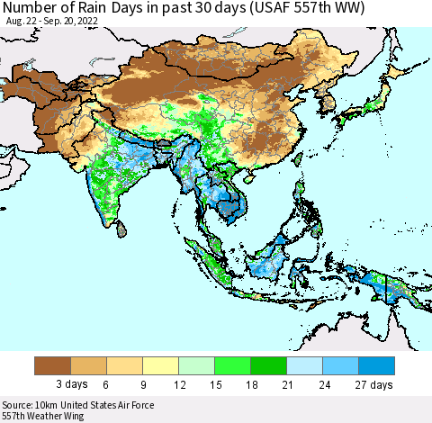 Asia Number of Rain Days in past 30 days (USAF 557th WW) 09/20/2022 Thematic Map For 9/16/2022 - 9/20/2022