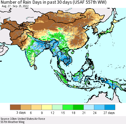 Asia Number of Rain Days in past 30 days (USAF 557th WW) 09/25/2022 Thematic Map For 9/21/2022 - 9/25/2022