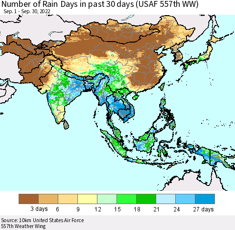 Asia Number of Rain Days in past 30 days (USAF 557th WW) 09/30/2022 Thematic Map For 9/26/2022 - 9/30/2022