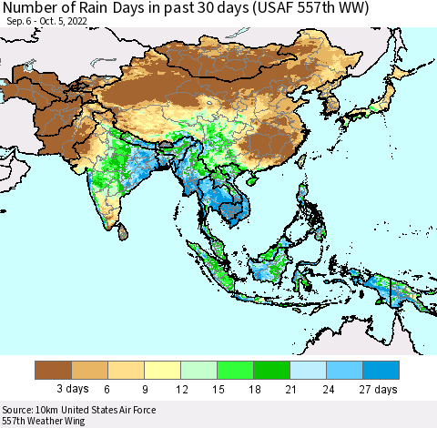 Asia Number of Rain Days in past 30 days (USAF 557th WW) 10/05/2022 Thematic Map For 10/1/2022 - 10/5/2022