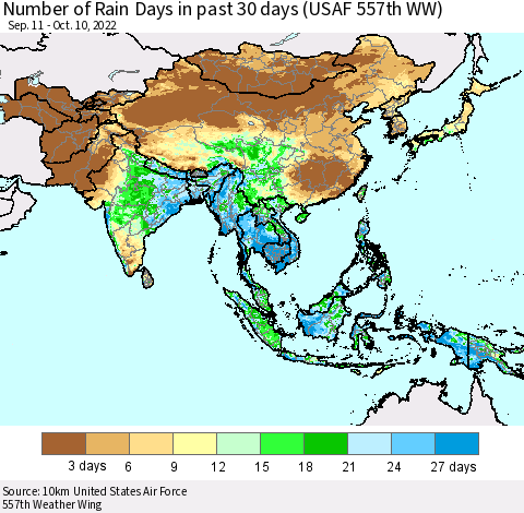 Asia Number of Rain Days in past 30 days (USAF 557th WW) 10/10/2022 Thematic Map For 10/6/2022 - 10/10/2022