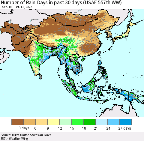 Asia Number of Rain Days in past 30 days (USAF 557th WW) 10/15/2022 Thematic Map For 10/11/2022 - 10/15/2022
