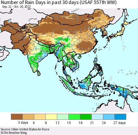 Asia Number of Rain Days in past 30 days (USAF 557th WW) 10/20/2022 Thematic Map For 10/16/2022 - 10/20/2022