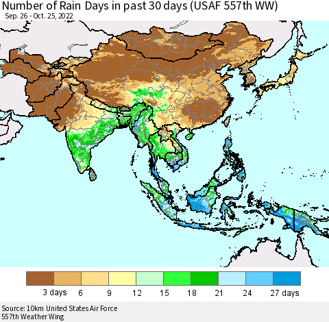 Asia Number of Rain Days in past 30 days (USAF 557th WW) 10/25/2022 Thematic Map For 10/21/2022 - 10/25/2022