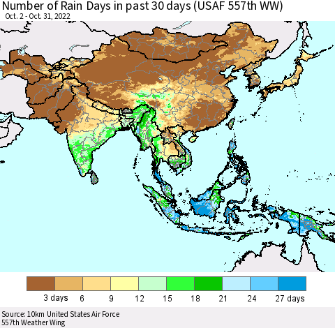 Asia Number of Rain Days in past 30 days (USAF 557th WW) 10/31/2022 Thematic Map For 10/26/2022 - 10/31/2022