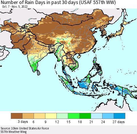 Asia Number of Rain Days in past 30 days (USAF 557th WW) 11/05/2022 Thematic Map For 11/1/2022 - 11/5/2022