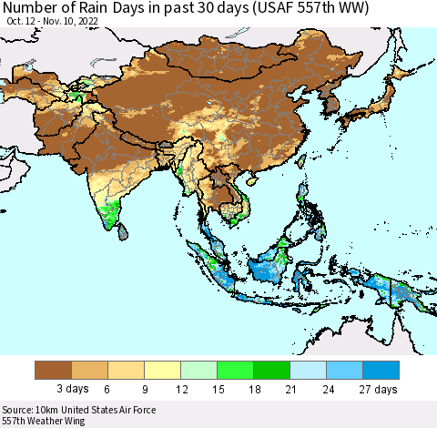 Asia Number of Rain Days in past 30 days (USAF 557th WW) 11/10/2022 Thematic Map For 11/6/2022 - 11/10/2022