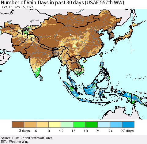 Asia Number of Rain Days in past 30 days (USAF 557th WW) 11/15/2022 Thematic Map For 11/11/2022 - 11/15/2022