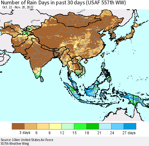 Asia Number of Rain Days in past 30 days (USAF 557th WW) 11/20/2022 Thematic Map For 11/16/2022 - 11/20/2022