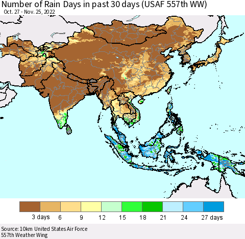 Asia Number of Rain Days in past 30 days (USAF 557th WW) 11/25/2022 Thematic Map For 11/21/2022 - 11/25/2022