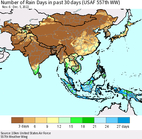 Asia Number of Rain Days in past 30 days (USAF 557th WW) 12/05/2022 Thematic Map For 12/1/2022 - 12/5/2022