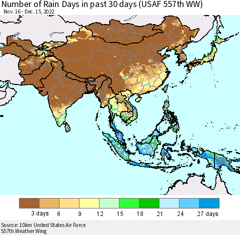 Asia Number of Rain Days in past 30 days (USAF 557th WW) 12/15/2022 Thematic Map For 12/11/2022 - 12/15/2022